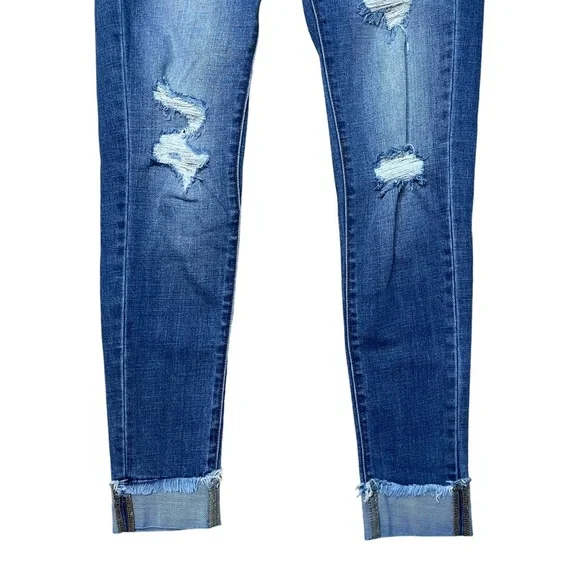 KanCan Women’s High Rise Medium Wash Distressed Cuffed Skinny Jeans - Picture 2 of 7